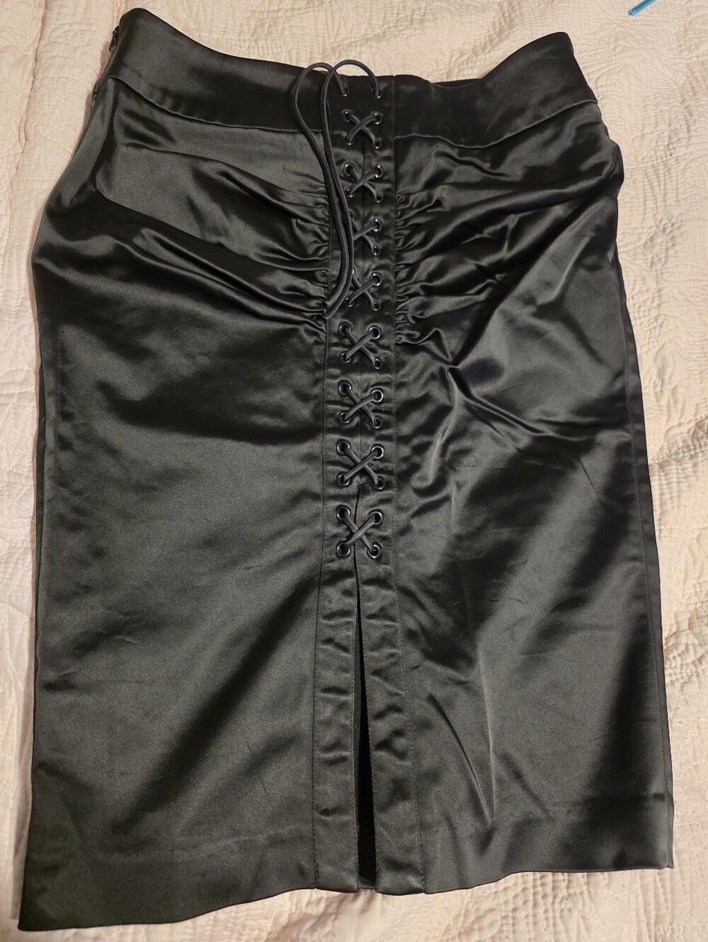 bebe Black Satin Pencil Skirt with Back Lace-Up